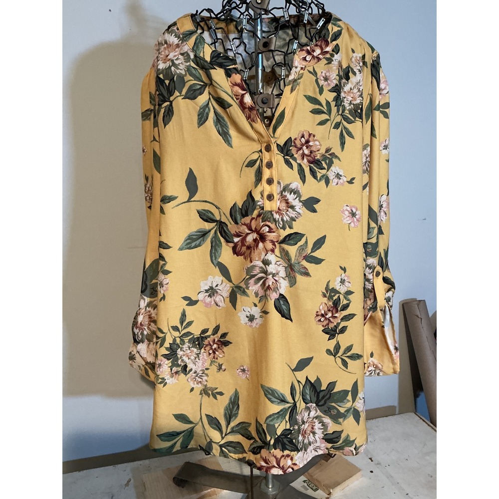 Song‎ n Spirit Mustard Yellow Floral Roll Tab Sleeve Henley Tunic Top XXL